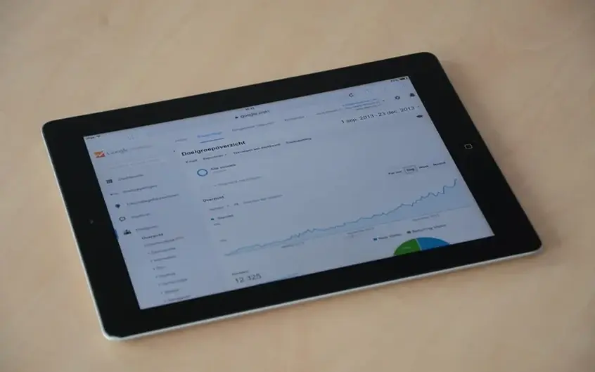 A tablet showing a web analytics dashboard