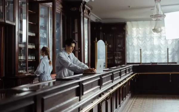 A pharmacist at the counter