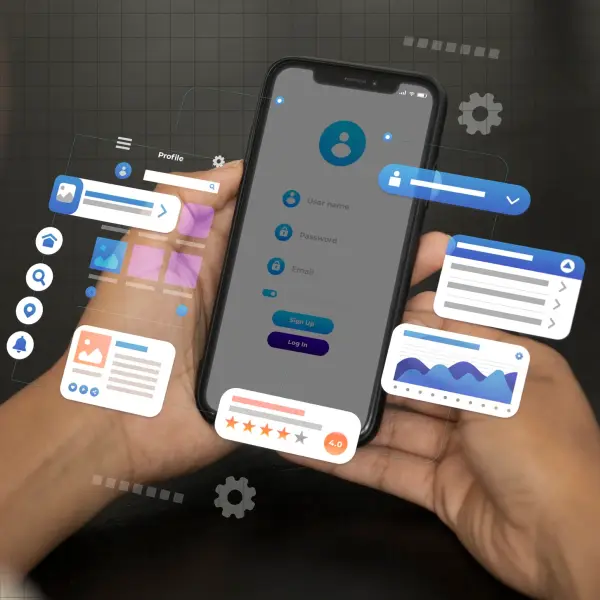 Hands holding a phone showing an app sign-up screen, surrounded by floating interface cards